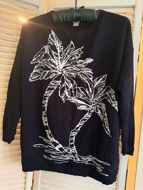 Chico's Navy Blue Sweater with White Palm Tree Design
